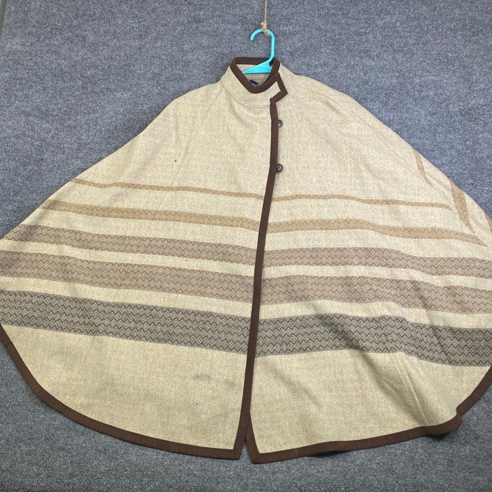 Pendleton Virgin Wool Striped Cape One Size Tan Brown Button Front Poncho Shawl